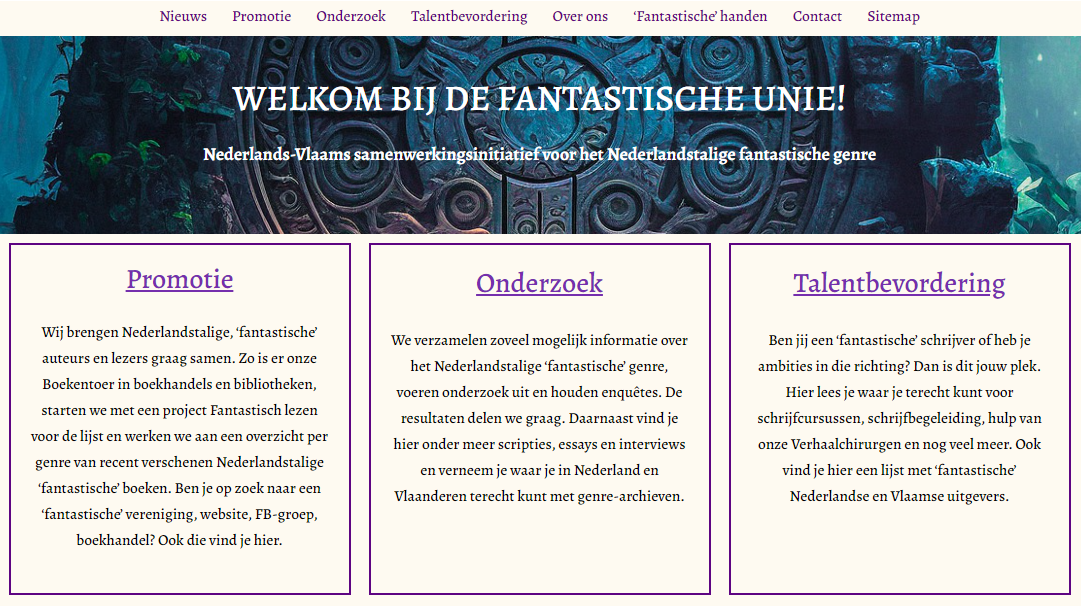 screen shot van de landingspagina van de website van de Fantastische Unie