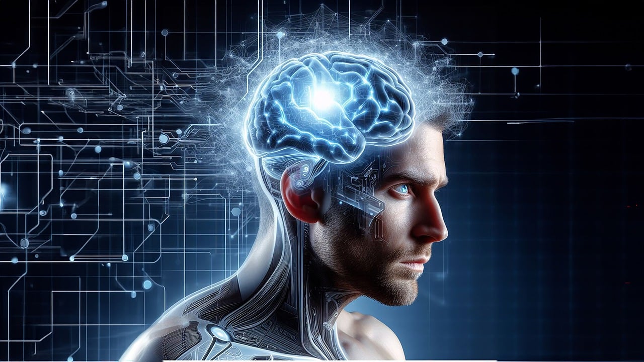 Half man, half machine: een gezicht waarachter een artificieel set hersenen schuilen